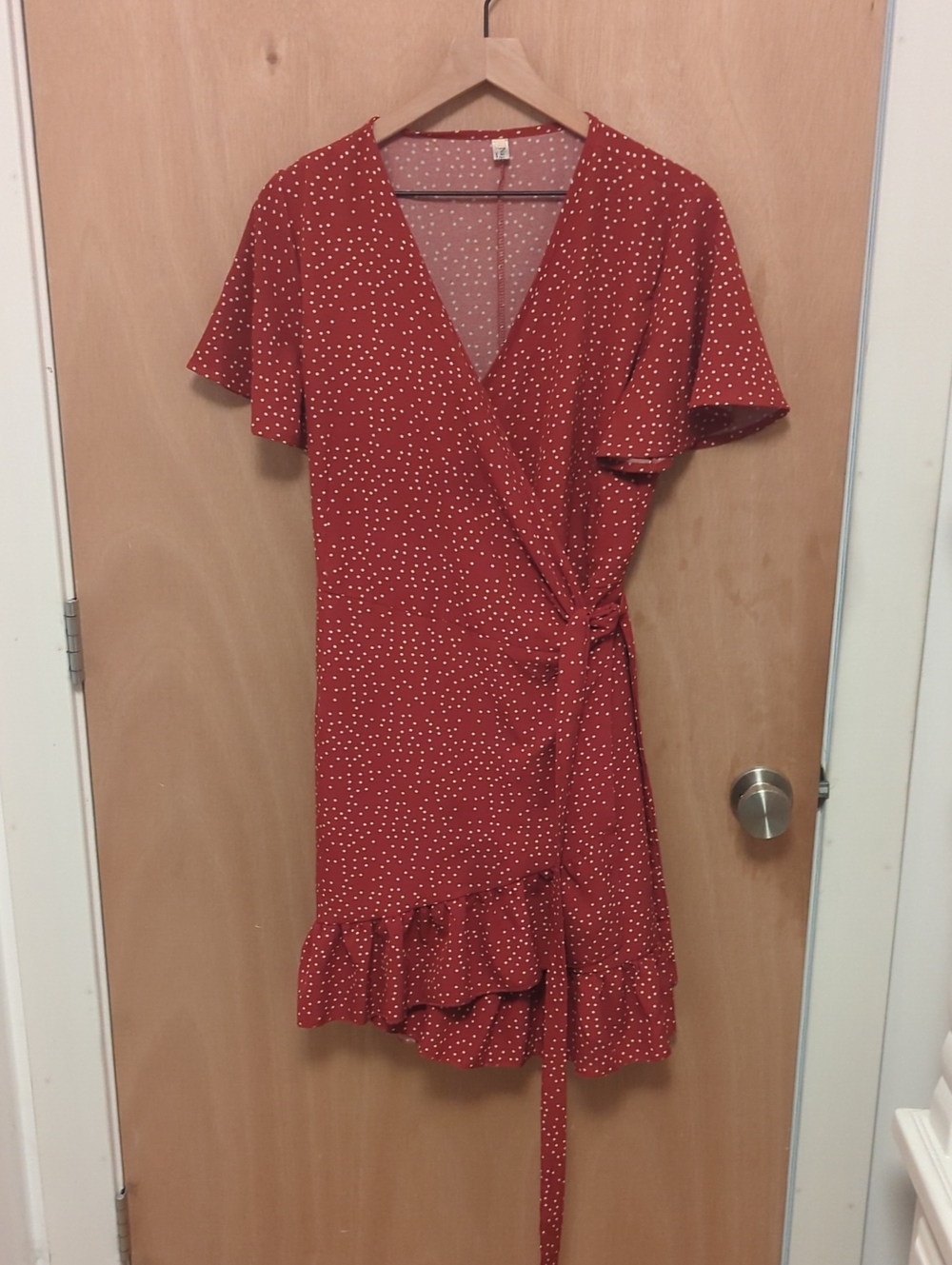 Red Polka Dot Wrap Dress with Ruffle Hem